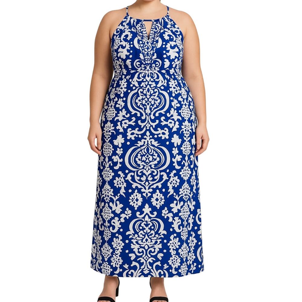 INC Halter Dress 1X Blue White Damask Maxi Sequin Flowy Coastal Boho Resort